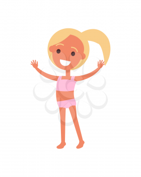 Joyful blonde girl with high side ponytail wearing pink swim suit with wide open hands raised up isolated vector illustration on white