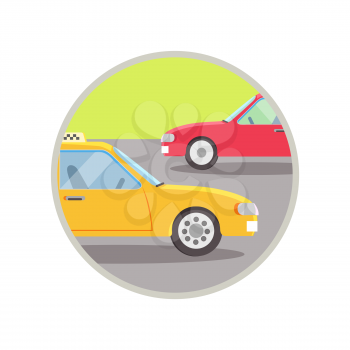 City transport represented by yellow taxi on road near to another car. Vector illustration of icon with vehicles in round frame isolated on white background
