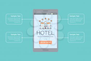 Hotel best service, good prices, icon with building and five stars shown in mobile application with text sample vector illustration