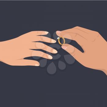 Mans hand puts precious ring with gem on womans annulary finger isolated flat vector. Marriage proposal or engagement concept with wedding ring