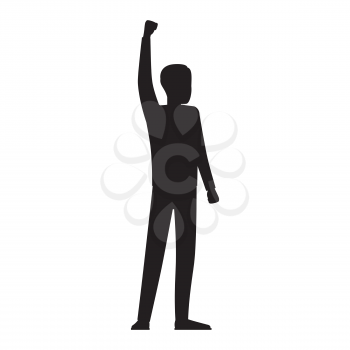 Cartoon man black silhouette raises his hand and shows protest isolated vector illustration on white background. Anonymous striking person