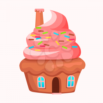 Cupcake house with chimney on creamy roof icon. Glazed muffin home with colorful candy sprinkles flat vector isolated on white background. Fantastic fairy sweet baked cottage illustration