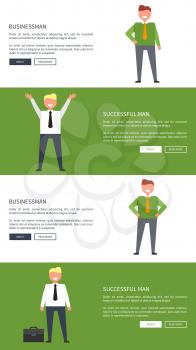 Happy business man and smiling successful man on set of four colorful pictures. Vector illustration contains icons of people and free room for text and buttons