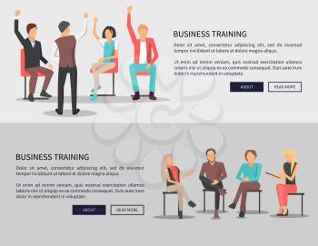 Business training and meeting at conference representing web posters set with leader asking employees questions,people sitting on vector illustration