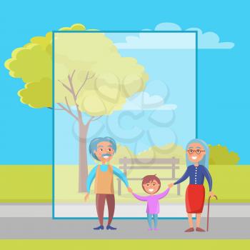 Happy grandparents senior couple walking with grandson holding hands on background of bench and green tree in city park vector with frame for text.