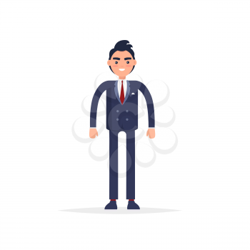 Businessman isolated vector picture in flat design. Smiling male person standing and wearing dark suit and shoes, with white shirt and red tie over white. Business fashion concept illustration