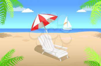White sunbed with striped umbrella isolated on sandy beach with green palm leaves near sea with floating sailboat vector illustration
