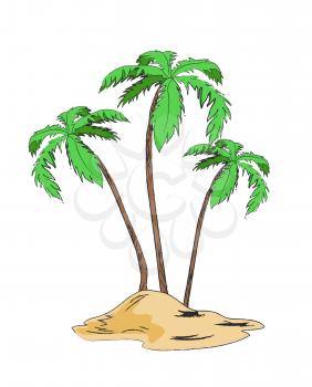 Palm trees collection on sandy island isolated on white vector colorful illustration in graphic design. Summer exotic plants with green leaves