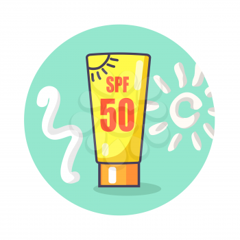 Circle icon depicting SPF sunscreen. Vector illustration of yellow sunblock lotion in orange tube isolated on light blue background