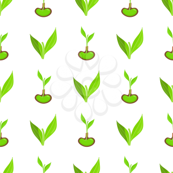 Seamless pattern with green leaves and growing sprout vector illustration isolated on white background. Wallpaper design with symbol of new life