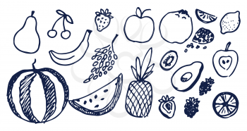 Lot of black hand drawn fruits vector illustration with cute cherry banana apple watermelon lemon pineapple grape and pear isolated on white backdrop