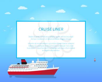 Big red and white cruise liner, colorful banner vector illustration with marine ship and lot of varied portholes, big framed rectangle with text