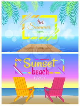 Hot summer days, sunset beach party, sunbed on beach pair of chaise-lounges on coastline vector illustration of two chairs isolated on beach vector