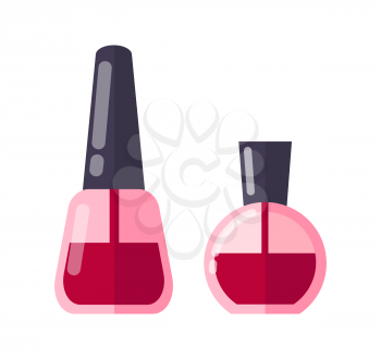 Cosmetics items and sprays set, collection of cosmetics, liquids of red colors in glass bottles, vector illustration isolated on white background