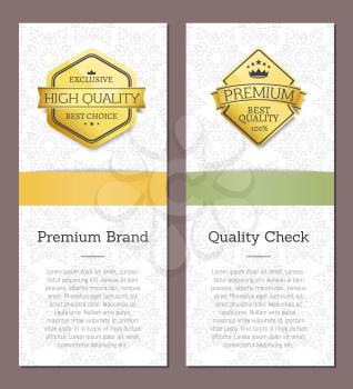Check quality premium brand golden award posters with emblems exclusive best choice labels topped by crown vector illustration poster design on white