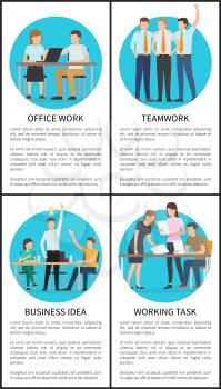 Office work, efficient teamwork, good business idea and working task vertical banners. Businesspeople work on startup isolated vector illustrations.