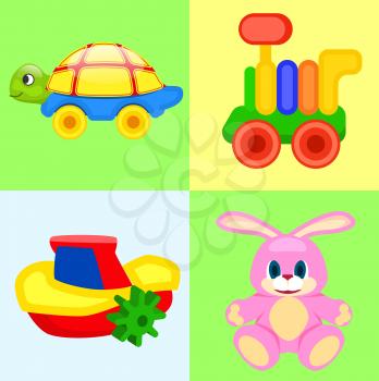 Four playthings for children amusement colorful poster. Vector collection of tortoise and tractor on wheels, wind up ship and pink hare