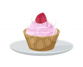 Delicious cupcake covered with pink soft tender cream and with sweet raspberry on top on plate isolated cartoon flat vector illustration on white background.