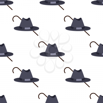 Hat of black color and walking stick making seamless pattern, objects created for mysterious men and gentlemen, vector illustration isolated on white