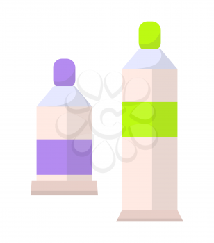 Two paints bottles set, flacons vector banner, Illustration with vials isolated on white backdrop, full and half full bottles, lilac and green paints
