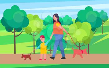 Mother and son walking little dogs on leash isolated vector on background of green trees in park. Dark-haired parent and young kid strolling with pets