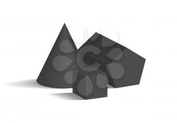 Cone pentagonal prism and cube 3D geometric black shapes isolated on white background. Three dimensional cube and cone with pentagonal prism vector