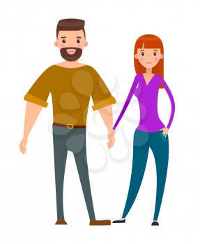 Married couple, bearded man and pretty woman pair of lovers stylish cartoon characters hold hands. Happy couple man and woman vector isolated on white.