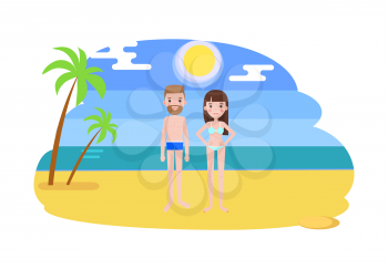 Man and woman in swimsuits on the beach with palms stand on sand at coastline, man in underpants and woman in bra and bikini vector summertime holiday