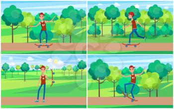 Cheerful skater in green summer park, color banner, vector illustration, boy skateboarding by road in park, casual youth in modern red cap and t-shirt