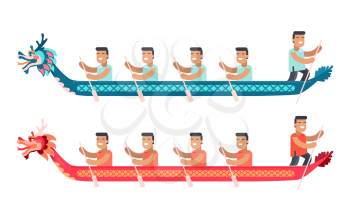 Asian men in long boats in shape of dragon set. Vessels prepared to dragon boat festival and people with wooden paddles isolated vector illustrations.
