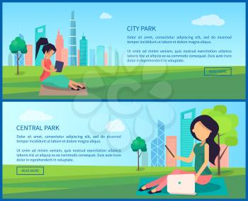 Central city park promotional Internet banners set. Woman on green lawn with modern devices. Green park near big city web pages vector illustrations.