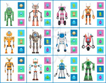 Robot industry collection, vector illustrations isolated on white backdrop, humanoids and droids set, robots with lamps, buttons and info dashboards