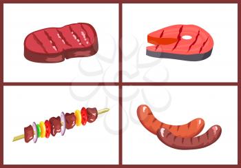 Barbecue meal set, four color vector illustrations isolated on white background, pork and salmon steaks, two BBQ sausages, shashlik with vegetables