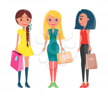 Happy women on shopping, adult girls with packets, holding disposable parcels with handles vector illustration set of shopaholics with purchases isolated
