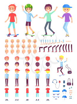 Young boys constructor with skate and accessories. Skater boys in helmets with body parts. Guys with sunglasses constructor vector illustrations.