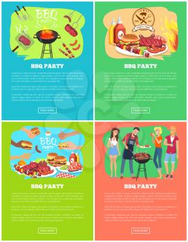 BBQ party set of vector illustrations, meat dishes, grilling meat steaks and vegetables, burgers and hot-dogs, sausages and sauces, cheerful people