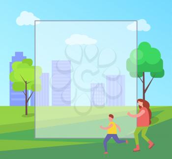 Mom and child skating, city and filling form, trees and mom with child, cityscape and skyscrapers, sky and clouds, isolated on vector illustration