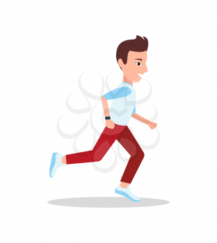 Running man with brown hair, colorful poster, red trousers, white with blue elements sneakers and t-shirts, vector illustration with bright backdrop