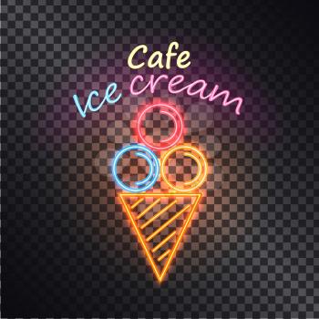 Cafe ice cream, color vector illustration with neon elements, three circles and one striped triangle, text sample, isolated on transparent backdrop