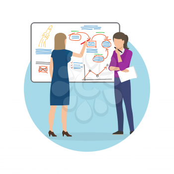 Women and whiteboard, poster with presentation and ideas on board, rocket and startup issues, plan and strategy, isolated on vector illustration