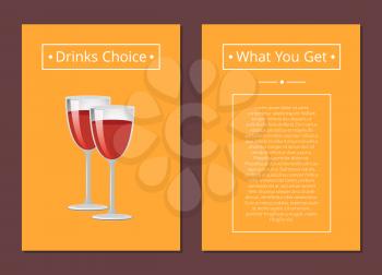Drinks choice what you get cover with red wine glasses, pink champagne vector illustration alcohol spirit drinks brochure design place for text in frame