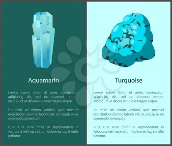 Aquamarine and turquoise blue minerals composed of beryllium aluminium cyclosilicate. Aquamarine and turquoise vector illustration posters with text