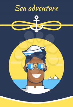Sea adventure, colorful banner with cheerful sailor in glasses isolated in circle with sea, ship silhouette, rope loop, text sample, dark background