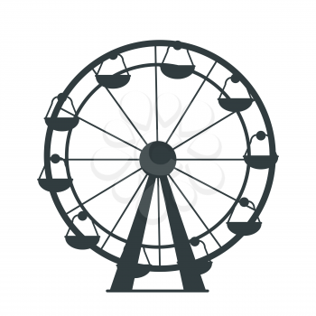 Black silhouette of Ferris Wheel with lots of colorless cabs for amusement park or children playground. Isolated vector illustration on white background