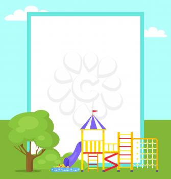 Playground for kids with different ladders, kind of balcony with crown, tube and inflatable pool with little balls and place for text in white frame