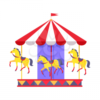 Merry-go-round with funny horses in saddles and striped roof with red flag on top isolated vector illustration on white background.