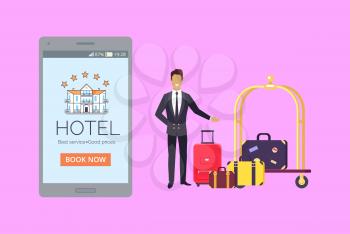 Advertising banner depicting smartphone with luxury hotel on its screen, suitcases on luggage cart and doorman dressed in suit welcoming guests