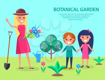 Botanical garden illustration with smiling woman gardener in hat and boy with girl standing on lawn going to plant flowers vector