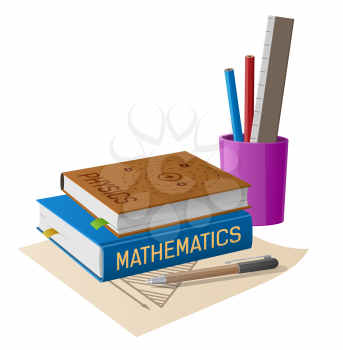 Physics and mathematics textbooks with stationery in plastic stand and geometrical figure draft isolated vector illustration on white background.