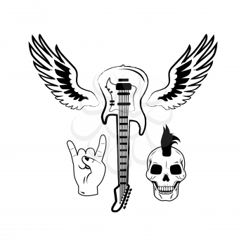 Electric guitar upside down with wings behind it, horns gesture and skull with punk hairstyle vector illustration isolated on white